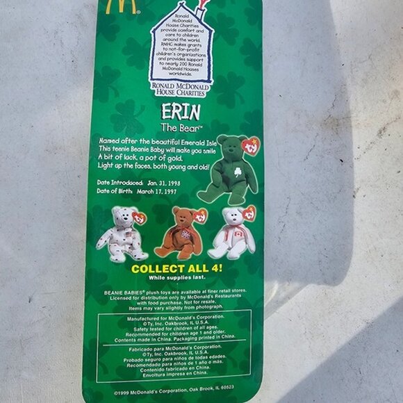 McDonalds 1999 Ty Teenie Beanie Baby Green Shamrock Erin The Bear - Picture 3 of 5